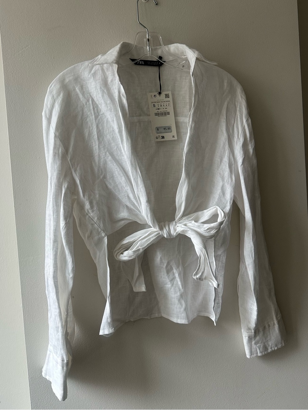 Zara White Tie-Front Linen Button-Down Shirt